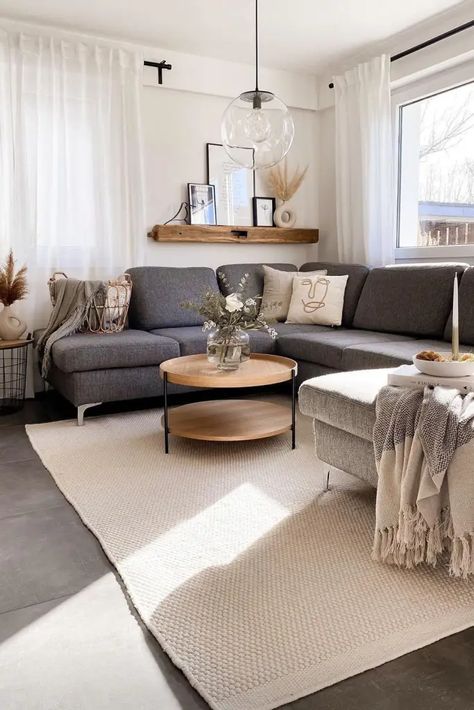 Styling Grey Sofa Living Rooms, Japandi Interiors Grey Sofa, Apartment Living Room Dark Grey Couch, Living Room Rug Dark Grey Couch, Grey Leather Couch Styling, Boho Chic Living Room Gray Couch, Beige Wall Grey Couch, Light Grey Floors Living Room Decor, Gray Couch Area Rug Ideas