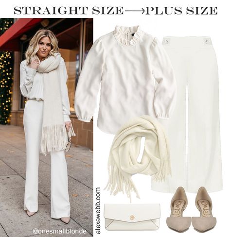 Cream Scarf Outfit, Plus Size Monochromatic Outfits, White Scarf Outfit, White Trousers Outfit, White Christmas Outfit, Cream Wide Leg Trousers, Christmas Closet, White Pants Winter, Ivory Outfit