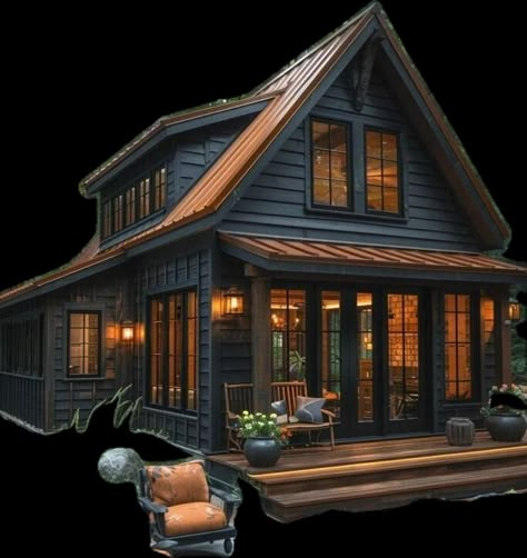 Barndominium Ideas Cabin, Black And Wood Barndominium Exterior, Modern But Cozy House, Lakehouse Barndominium, Small Barndominium Exterior, Small Lodge Style Homes, Barndo Cabin, Small Barndominium Interior, Small Barndominium Ideas Exterior