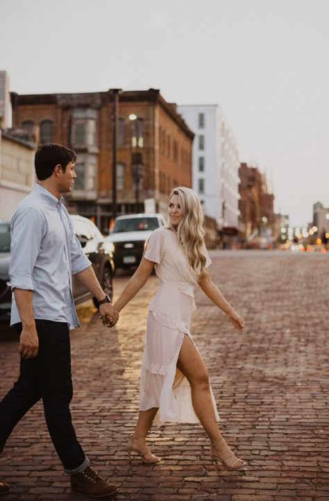 Couple Photoshoot Minneapolis, Engagement Photos Brick Building, City Couple Photoshoot Engagement Session, Urban Couple Photoshoot Outfit, Small Town Downtown Photoshoot, Urban City Couple Photoshoot, Down Town Photoshoot Couples, Couple Photography Poses In The City, Engagement Shoot City Photo Ideas