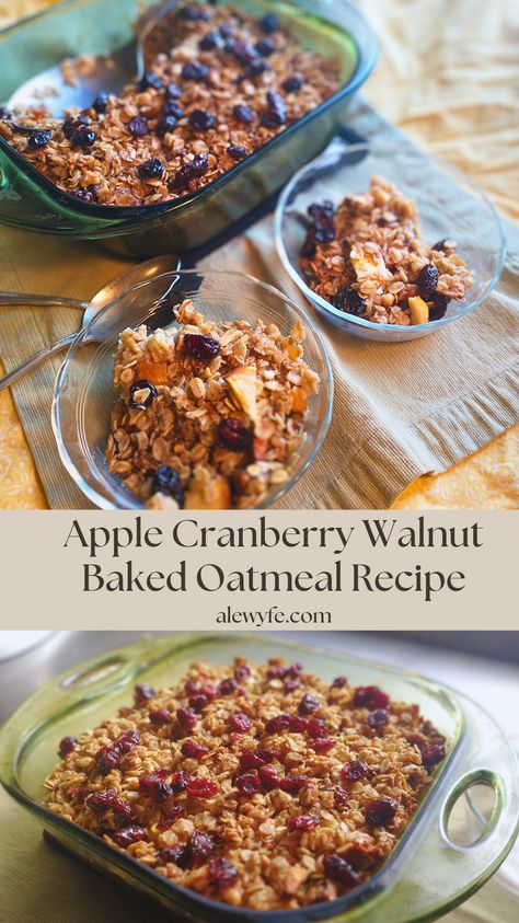 This apple cranberry walnut baked oatmeal recipe has a crispy, buttery, crumble top, plenty of fresh & dried fruit, & crunchy nuts. No more boring breakfast bowls! Pair it with tangy yogurt for an even more nutrient-packed start to your day.  The best part- you can make and refrigerate it the night before baking for an easy hot breakfast! You can also bake a big batch on the weekend and portion it out for grab-and-go meals or snacks all week.   #bakedoats #overnightoats #mealprep #brunch Baked Oatmeal With Cranberries, Cranberry Apple Oatmeal Bake, Cranberry Apple Twice Baked Sweet Potato, Orange Cranberry Baked Oatmeal, Cranberry Almond Overnight Oats, Apple Cranberry Baked Oatmeal, Baked Apple Oatmeal, Cranberry Baking, Make Ahead Brunch