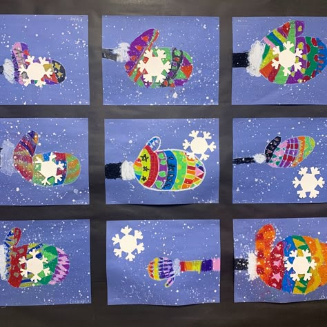 Snowy Mitten Art Project — Mme Marissa Mitten Art, Senior Center, Winter Kindergarten, Snowflake Shape, Winter Project, Winter Mittens, How To Make Snow, White Acrylic Paint, Winter Snowflakes