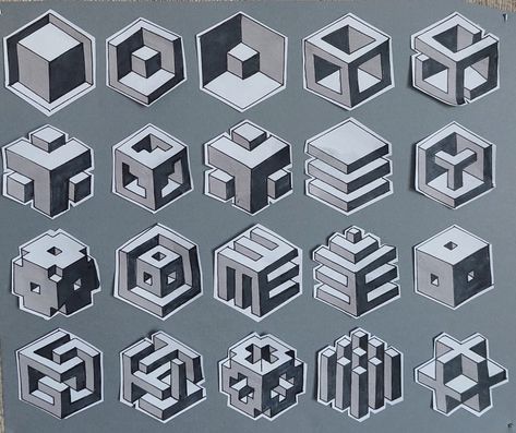 3d Geometric Shapes Composition, Childrens Museum Exhibits, Cubic Architecture, 3d Drawing Tutorial, Cubes Architecture, Graphic Design Activities, Isometric Cube, Geometric Shapes Drawing, Conceptual Model Architecture