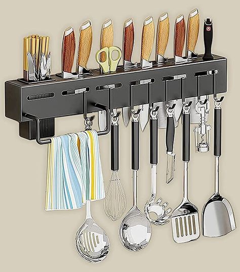 Deejay Kitchen Shelf ADVANCED NON RUST STAINLESS STEEL ALLOY Wall Mount Knife Holder ,Towel Hanger , Spatula Ladle Hanging Hooks , Cutlery Holder Storage Rack High Grade Metal Multi-Purpose (40 x 5.5 x 7cm). Kitchen Organization Wall, Wall Mounted Kitchen Storage, Kitchen Knife Holder, Organiser Cucina, Kitchen Utensil Rack, Kitchen Floating Shelves, Wand Organizer, Utensil Rack, Knife Rack