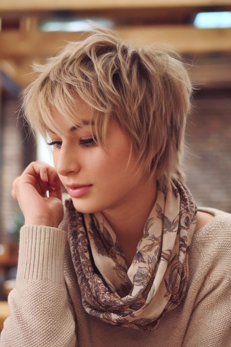 Young woman with short, tousled hair and a patterned scarf, looking down thoughtfully. Short Shag Haircut, Short Shaggy Hair, Black Cherry Hair Color, Black Cherry Hair, Cherry Hair Colors, Short Shaggy Haircuts, Dark Blonde Hair Color, Short Shag Haircuts, Shaggy Short Hair