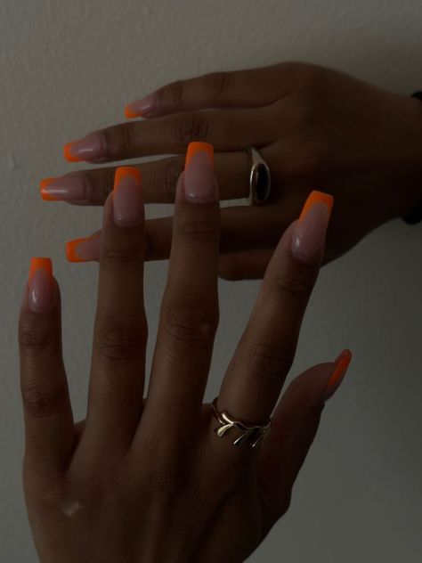 Orange French Tip Square Shaped Nails | Orange Nail Inspo | Square Nails | long nails Colour French Tips Nails Short, Orange Nail French Tips, Orange Nails With French Tip, Colored French Nails Square, Orange French Acrylic Nails, Nail Inspo For Spring Break, Cute Nails For Summer Square, Simple Summer French Tip Nails, Square French Tip Color