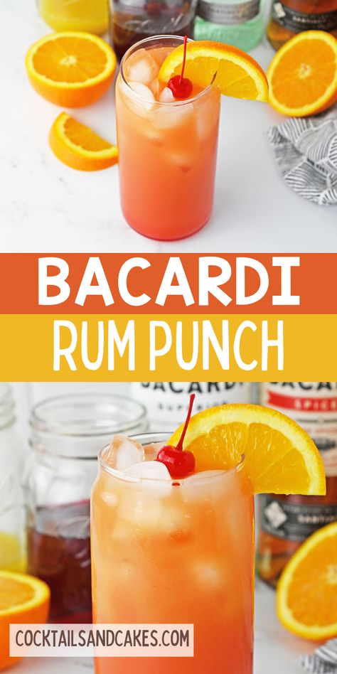 Yummy tropical flavors and two different types of Bacardi rum make this delicious Bacardi Rum Punch cocktail. Make one or a whole pitcher! Bacardi Tropical Rum Recipes, Bacardi Rum Drinks Recipes, Bacardi Gold Rum Drinks, Bacardi Rum Drinks, Drinks With Bacardi Rum, Bacardi Cocktails, Bacardi Drinks, Tropical Rum Punch, Rum Punch Cocktail