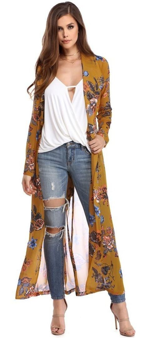 Sheer Cardigan Outfit, Kimono Cardigan Outfit, Outfit Mustard, Cardigan Outfit Ideas, How To Wear Kimono, Kimono Diy, Gilet Kimono, Sheer Cardigan, Kimono Outfit