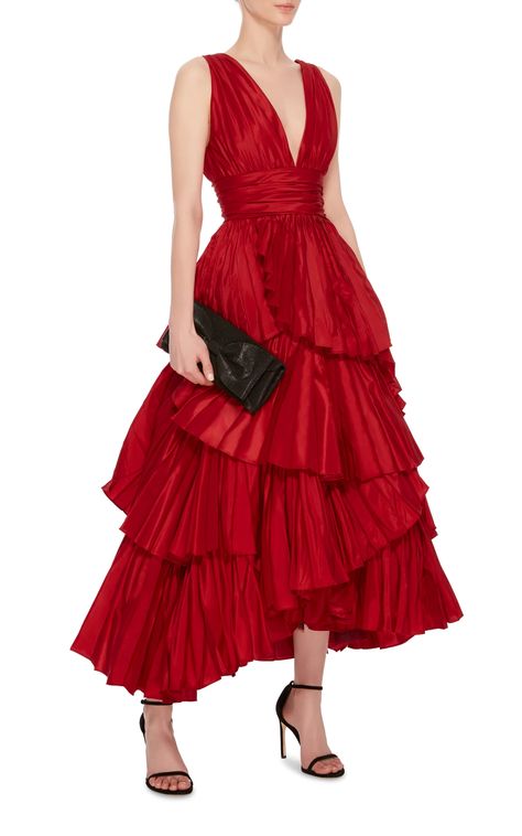 Oscar De La Renta  Tiered Pleated Silk Gown Red Silk Gown, Silk Pleated Dress, Pleated Tiered Dress, Pleated Gown, Fantasy Closet, Silk Gown, Glam Dresses, Red Carpet Dresses, Red Silk