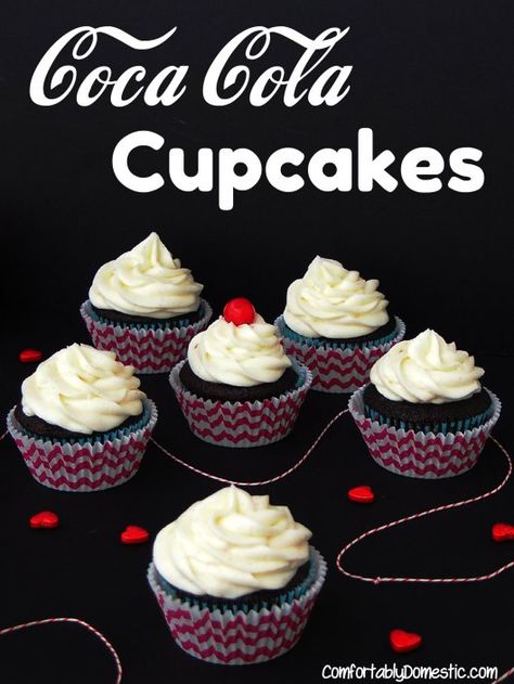 Coca Cola Cupcakes with Vanilla Bean Buttercream  | ComfortablyDomest... lets the iconic soda flavors shine through these rich, fudgy cupcakes. Coca Cola Cupcakes, Cola Cupcakes, Cola Recipe, Vanilla Bean Buttercream, Homemade Chocolate Truffles, Soda Flavors, Baking Recipe, Buttercream Recipe, Köstliche Desserts