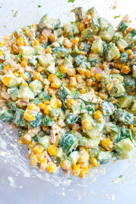 mexican corn salad with cucumbers Salmon Tacos Recipe, Chicken Pesto Pasta Salad, Salad With Cucumber, Pesto Potatoes, Mexican Corn Salad, Creamed Cucumbers, Mediterranean Chickpea Salad, Salmon Tacos, Mexican Street Corn Salad