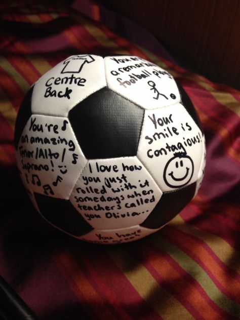 Getting an item that the person likes and writing compliments and memories on it. This one I made and gave anonymously to a friend of mine at school. The effect is contagious! Soccer Gifts For Boyfriend, Gifts For Boyfriend Football, Football Boyfriend Gifts, Santa Cosplay, Bf Gift, Boyfriend Ideas, Gift Baskets For Men, Football Boyfriend, Bf Gifts