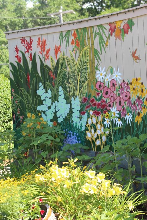 Garden Wall Murals Painted, Garden Mural Outdoor Wall Art Backyard, Privacy Fence Murals, Outdoor Mural Ideas Flower, Garden Shed Mural, Flower Mural Outdoor, Outdoor Murals Backyards, Shed Murals Outdoor, Painted Fences Ideas Backyards