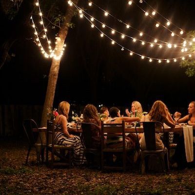 Hipster Dinner Party - festoon lights work really well in trees, from shepherd hooks in string lines Garden Party Lights, Outdoor Dinner Parties, Dinner Party Summer, Garden Party Decorations, Outdoor Dinner, Night Garden, Festoon Lighting, Summer Dinner, Backyard Party