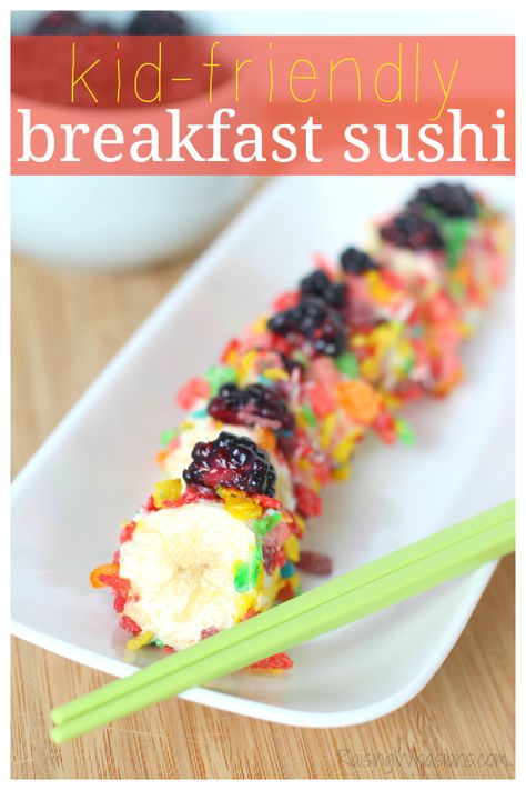 Banana coated in yogurt and Fruity Pebbles cereal, sliced on a plate like sushi and served with chopsticks and fresh blackberries. Fun Kid Breakfast, Resep Sushi, Kid Friendly Breakfast, Kid Breakfast, Sushi For Kids, Breakfast Sushi, Kid Friendly Breakfasts, Pebbles Cereal, Breakfast Recipes Kids