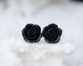 i want these Rose Necklaces, Baking Polymer Clay, Stud Earrings Black, Black Rose Flower, Rose Stud Earrings, Beads Pictures, Rose Style, Steel Post, Pretty Jewelry