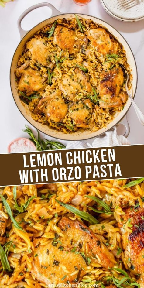 This Lemon Chicken with Orzo Pasta will make you want to take all of your family meals up a notch. Tender chicken thighs are baked over orzo pasta in this easy one-pot recipe, while each bite features divine flavors of lemon, mustard, and tarragon. Ready in 30 minutes! Chicken Orzo Pasta, Chicken With Orzo, Sweet Corn Casserole, Orzo Pasta Recipes, Lemon Chicken Thighs, Lemon Orzo, Orzo Recipes, Chicken Orzo, Easy Baked Chicken