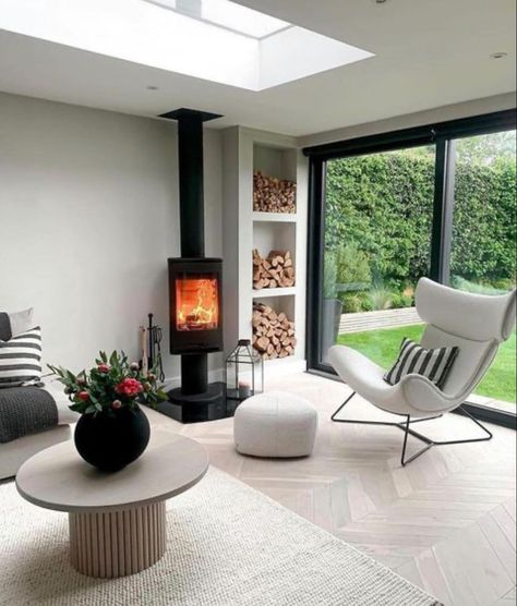 Corner Log Burner, Modern Log Burners, Wood Burning Stoves Living Room, Log Burner Living Room, Modern Wood Burning Stoves, Snug Room, Living Space Decor, Loft Interior, House Extension Design