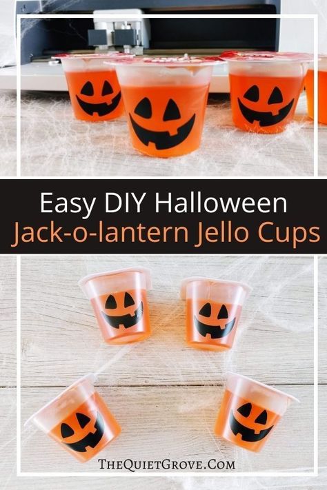 Jack-o-lantern Jello Cups are super easy to make using vinyl & a Cricut. They're a perfect treat for Halloween parties or kids lunches! #CricutCreated #CricutMade #HalloweenTreats #HalloweenDIY Halloween Jello, Halloween Jackolantern, Halloween Snacks For Kids, Jello Cups, Kids Lunches, Halloween Cups, Fun Arts And Crafts, Board For Kids, Halloween Jack O Lanterns