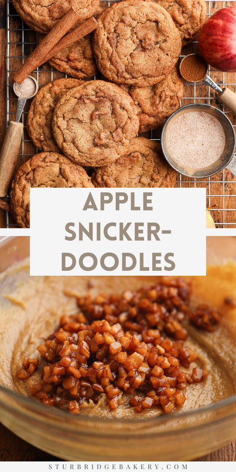 These apple snickerdoodles combine the cozy fall flavors of brown butter, warm cinnamon, and caramelized apples. The gooey warm apples inside a chewy, cinnamon sugar-coated snickerdoodle makes these an addicting treat to get you into the fall baking mood! Holiday Recipies, Caramelized Apples, Apple Cookies, Snickerdoodle Cookies, Butter Cookies Recipe, Fall Flavors, Apple Butter, Fall Baking, Snickerdoodles