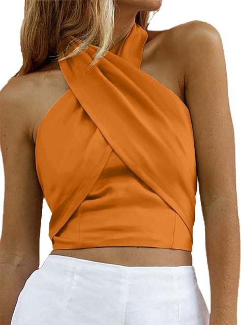 HYPERFIRE Women's Sexy Criss Cross Halter Sleeveless Wrap Front Backless Cami Crop Top Clubbing White-1 Small-new at Amazon Women’s Clothing store Wrap Tops For Women, Shein Outfits Fall, Fall Outfits Office, Outfits Ideas College, Aesthetic Uniform, Cozy Fall Outfits Aesthetic, Wedding Crop Top, Trendy Shein Outfits, Fall Teacher Outfits