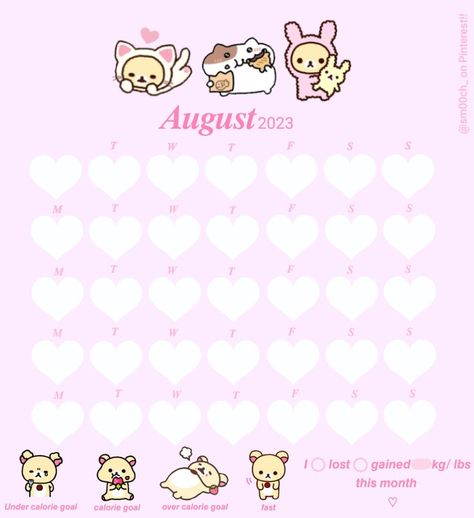 Rilakkuma calorie tracker august 2023 kawaii pink bear sanrio Kawaii Habit Tracker, Cute Diet Plan Sanrio, August Calorie Tracker, Wl Tracker, Cal Tracker, Diet Tracker, Calorie Tracker, Weight Tracker, Note Sheet