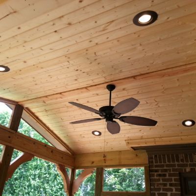 Gable roof with cathedral ceiling with recessed lighting and ceiling fan in Vestavia. Cedar Columns, Cabin Ceiling, Ceiling Styles, Ceiling Planks, Groove Ceiling, Vaulted Ceiling Lighting, Gable Roof Design, Porch Diy, Tongue And Groove Ceiling