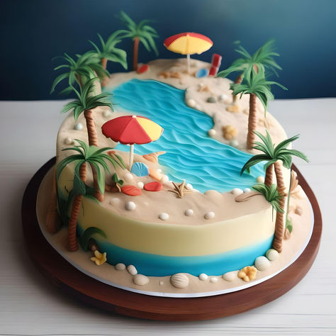 Beach Cakes Ideas, Barbie Dress Cake, Beach Cake, Ocean Cakes, Sea Cakes, Beach Cakes, Modern Cakes, Hawaii Homes, Fake Cake