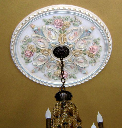 Painted Ceiling Medallion by Jeff Huckaby Painted Ceiling Rose, Painted Ceiling Medallion Ideas, Painted Ceiling Medallion, Victorian Ceiling Medallions, Ceiling Roses, False Ceiling Bedroom, Gypsum Decoration, False Ceiling Living Room, Living Room Furniture Layout