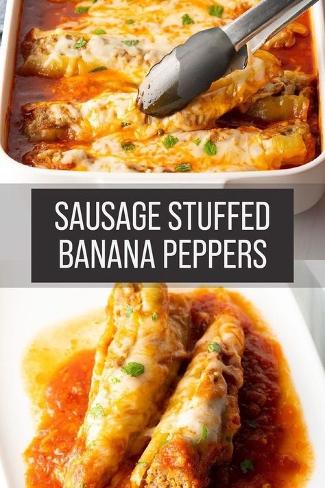 Banana Peppers Stuffed, Banana Pepper Recipes, Sausage And Cream Cheese, Recipes With Banana Peppers, Hot Banana Peppers, Hot Pepper Recipes, Italian Stuffed Peppers, Pepper Recipes, Banana Peppers