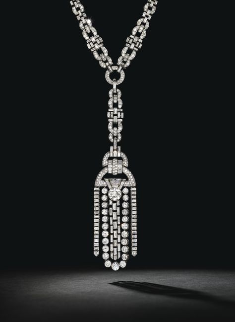 VAN CLEEF & ARPELS | A SENSATIONAL ART DECO DIAMOND SAUTOIR, 1928. Old, single, baguette, square and shield-shaped diamonds, platinum (French marks), neckchain 31 ½ ins., tassel 6 7/8 ins., neckchain may be separated into smaller segments and worn as bracelets, choker and a pendant, 1928, signed Van Cleef & Arpels, 'Paris', workshop marks (Rubel Frères), nos. 30216, 38277. Provenance: Sotheby's, Geneva, 15 May 2008, lot 446. Long Diamond Necklace, Suzanne Belperron, Jewel Drawing, Van Cleef & Arpels, Diamond Pendants Designs, High Fashion Jewelry, Van Cleef And Arpels, Diamond Necklace Set, Diamond Jewelry Necklace