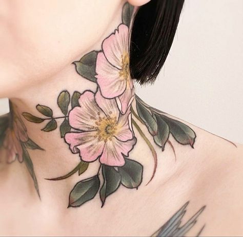 Womens Chest And Neck Tattoo, Colorful Neck Tattoos Women, Neck Tattoos Women Color, Neck Floral Tattoos Women, Throat Flower Tattoo, Floral Throat Tattoos Women, Floral Neck Tattoo Men, Traditional Flower Neck Tattoo, Neo Traditional Throat Tattoo