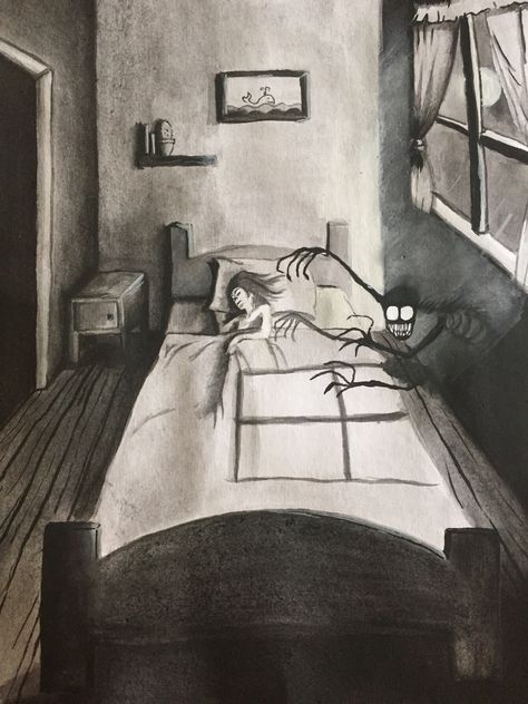 Horror Illustration Creepy, Creepy Room Drawing, Nightmare Drawing Dreams, Bedroom Drawing Sketches, Comfort Painting, Nightmare Drawing, Nightmares Drawing, Nightmare Disorder, Scary Dreams