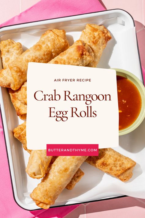 Easy Crab Rangoon Egg Rolls, Crab Egg Rolls Air Fryer, Crab Ragoons Air Fryer Recipe, Crab Rangoon Roll Ups, Rice Paper Crab Rangoon, Crab Rangoon Casserole, Air Fry Crab Rangoon, Air Fryer Crab Rangoon Egg Rolls, Crab Rangoon Air Fryer