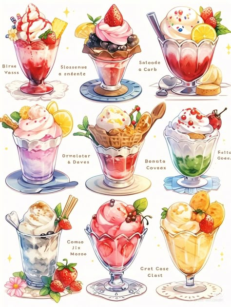 Cute Tea Party Drawing, Dessert Reference, Dessert Drawing, Desserts Drawing, Homemade Recipe Books, Draw Food, Dessert Art, 귀여운 음식 그림, Foodie Art