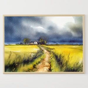 Thunderstorm Landscape Countryside Watercolor Painting Cottage Wall Art Yellow Field Poster Countryside watercolor poster, high quality giclee print. WITHOUT FRAME - Giclee print on acid-free archival paper - Printed from my original painting - 5x7 inches - 8x10 inches - 11x14 inches - 12x16 inches - 12x18 inches - 16x20 inches - 18x24 inches - 20x30 inches - 24x36 inches Please note that the colors may vary slightly due to different screens! To sell my paintings as reproduction, I chose a print Watercolor Large Paintings, Cottage Landscape Painting, Watercolor Landscape Paintings Nature Beautiful, Watercolor Farm Landscape, Watercolour Countryside Landscapes, English Countryside Watercolor, Prairie Watercolor Paintings, Countryside Watercolor, Landscape Countryside