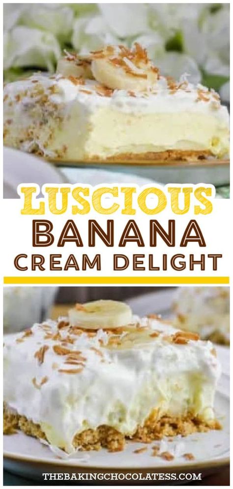 Indulge in the ultimate comfort food with our easy banana cream pie recipe! This homemade dessert is creamy, rich, and absolutely delicious. For a quick and easy treat, try our no bake banana cream dessert that's perfect for any occasion. Impress your guests with our layered banana cream dessert that's sure to satisfy your sweet tooth. Whether you're a fan of classic desserts or looking for something new, our banana cream dessert recipe is sure to become a new favorite. Get baking today! Banana Cream Bars Desserts, Banana Cream Pie Dessert Recipes, Easy Desserts Banana, Banana Squares Recipes, Banana Pudding Delight, Banana Cream Pie For A Crowd, Banana Cool Whip Dessert, Banana Cream Dessert Recipes, Banana Mousse Recipe