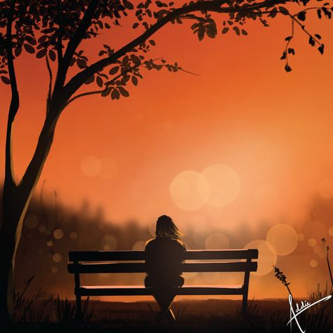 #Orange #Sunset #Bench #Park #Lake #Silhouette #DigitalArt #ClipStudioPaint Park Bench Painting, Sunset Sketch, Dusk Aesthetic, Lake Silhouette, Bench Drawing, Sunset Girl, Art 2023, Silhouette Painting, Orange Sunset