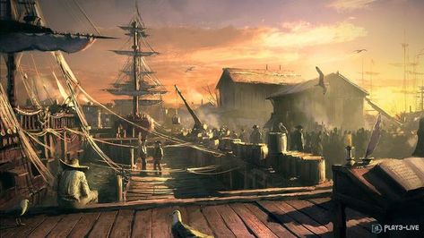 Pirate Harbor, Isle Of The Lost, Pirate Theme, Crescent City, Pirate Ship, Environment Concept Art, Assassins Creed, Street Scenes, Theme Park