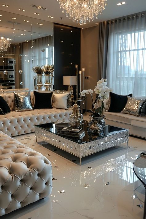 Reflective Decor, Silver Living Room, Sophisticated Furniture, Classy Living Room, Elegant Living Room Decor, Dresser Design, Classy Bedroom, Glam Living Room, Hall Interior