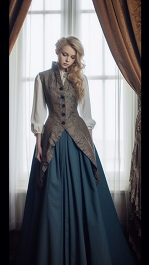 Casual Victorian Dress, French Fantasy Clothes, Fantasy Dress Casual, Fantasy Royalty Clothes, Fantasy Royal Clothing, Fantasy Traveler Outfit, Fantasy Formal, Casual Fantasy Clothing, Royalty Clothes