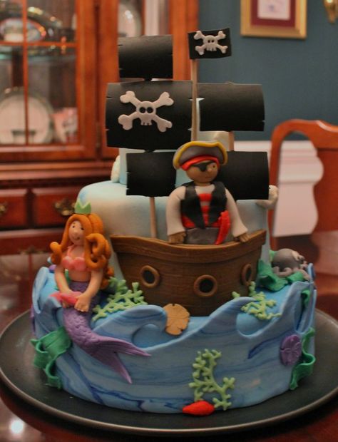 Pirates and Mermaids Pirates And Mermaids, Pirates Cake, Pirate Birthday Cake, Madeira Cake, Mermaid Pirate Party, Combined Birthday Parties, Jake And The Neverland Pirates, Twin Birthday Parties, Mermaid Birthday Cakes