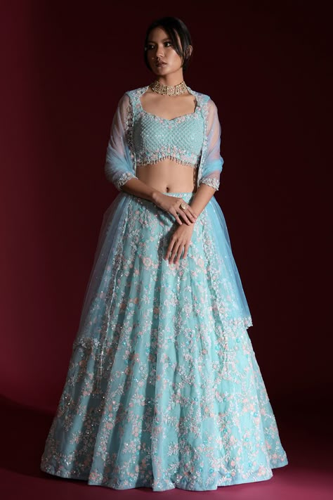 Pastel Blue Lengha, Pastel Blue Blouse Designs, Lehanga Designs Latest For Wedding, Pastel Blue Lehenga, Engagement Lehengas, Lehenga Poses, Gorgeous Lehenga, Bridesmaids Lehenga, Lehenga Outfits