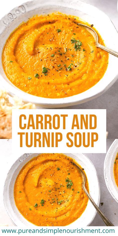 You are going to love this carrot turnip soup. This healthy, root vegetable soup is so rich and creamy. It's easy to make and is naturally dairy free, vegan, paleo and Whole30 compliant. It also freezes really well so is perfect for meal prep. Turnip Soup, Root Vegetable Soup, Nightshade Free Recipes, Cilantro Recipes, Root Vegetable, Leek Soup, Vegan Lunches, Carrot Soup, Aip Recipes