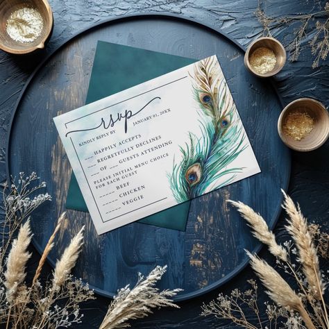 Elegant Peacock & Teal - Lavish RSVP Card Turquoise Wedding Theme, Luxury Wedding Invitations Box, Peacock Wedding Inspiration, Peacock Invitations, Teal Wedding Ideas, Wedding Core, Peacock Wedding Ideas, Peacock Themed Wedding, Peacock Wedding Invitations