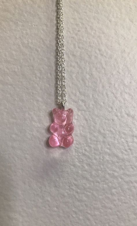 Pink Gummy Bear Necklace Silver Necklaces Gummy Bear, Cute Pink Resin Necklace, Cute Resin Jewelry For Birthdays, Cute Resin Jewelry For Birthday, Trendy Handmade Resin Necklace, Pink Resin Party Necklaces, Trendy Resin Necklaces For Party, Sweet Silver Handmade Jewelry, Sweet Handmade Silver Jewelry