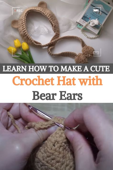 In this tutorial, you will learn how to make a super cute crochet hat with bear ears. The creator of this adorable design is Vivi Crochet, who is known for her beautiful and creative crochet projects.This particular hat is perfect for beginners because it is easy to make and does not require any advanced techniques.To make this hat, you will need 50g of Milk Cotton Yarn, 5ply, 3 rolls of brown yarn, and a 3.5mm crochet hook... Earmuff Crochet Pattern, Crochet Bear Earmuffs, Crochet Bear Ears Pattern Free, Crochet Ears For Hat, Crochet Ear Muffs Free Pattern, Crochet Earmuffs Free Pattern, Earmuffs Crochet Pattern, Ear Muffs Crochet, Crochet Bear Ears