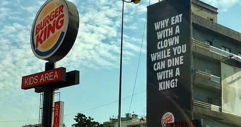 Well that's a smart one. Taking a direct hit at McDonald’s brand existence of a clown! Yes, this kind of adverting campaigns are popular but is it good to bash a competitor brand in order to uplift your brand? #mADcampaigns #burgerking #mcdonalds #creativeadvertising #creativebillboard #printads #creativeads #socialmediamarketing #marketing101 #ambushmarketing #marketingstrategy #marketingcampaign #streetmarketing #guerrillamarketing #outdooradvertisements Ambush Marketing, Shots Fired, Street Marketing, Guerilla Marketing, A Clown, Kids Area, Marketing 101, Creative Ads, Creative Advertising