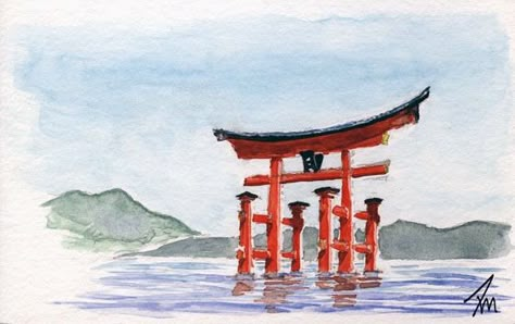 Gate Drawing, Gate Painting, Japan Journal, Tori Gate, Japan Watercolor, Princess Kaguya, Torii Gate, Urban Sketch, Japan Aesthetic