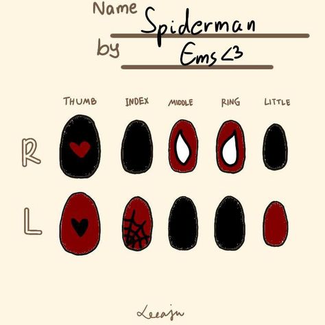 Simple Nail Ideas Autumn, Nail Art Designs Spiderman, Nail Ideas Tomboy, Simple Short Nail Art Designs, Cute Simple Halloween Nail Designs, Spiderman Nails Designs Easy, Spiderman Gel Nails, Cartoon Style Nails, Spiderman Nails Easy